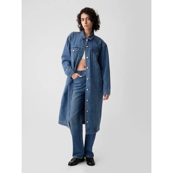 New Gap Denim Jacket Medium Tall Longline Oversized Icon Button Front Jean Coat - Picture 1 of 16